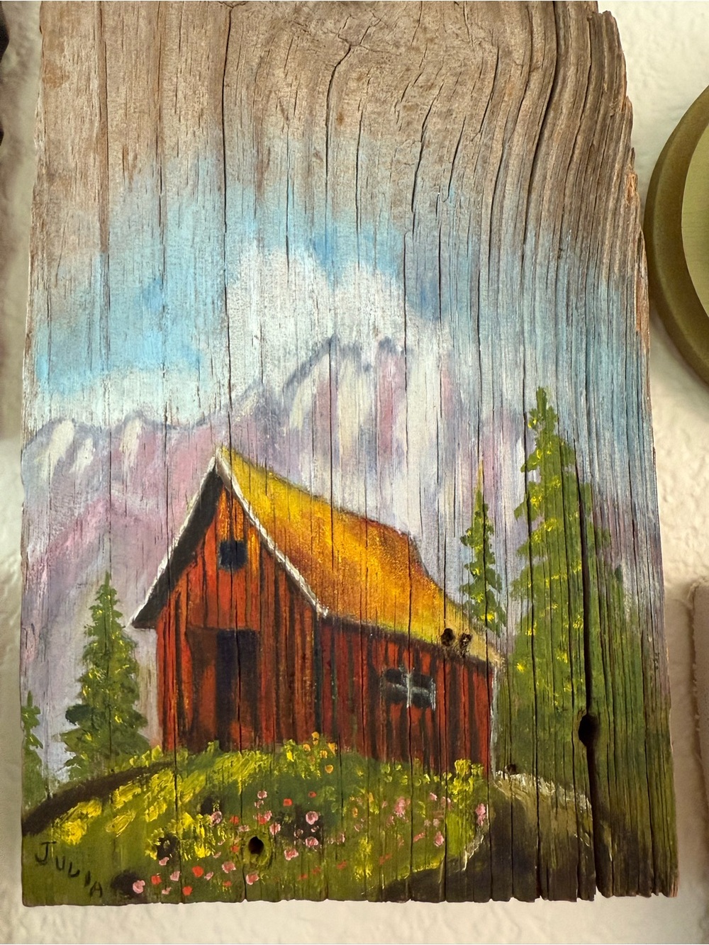 Original Signed Oil on Wood Red Barn with Yellow Roof Painting - Picture 3 of 9